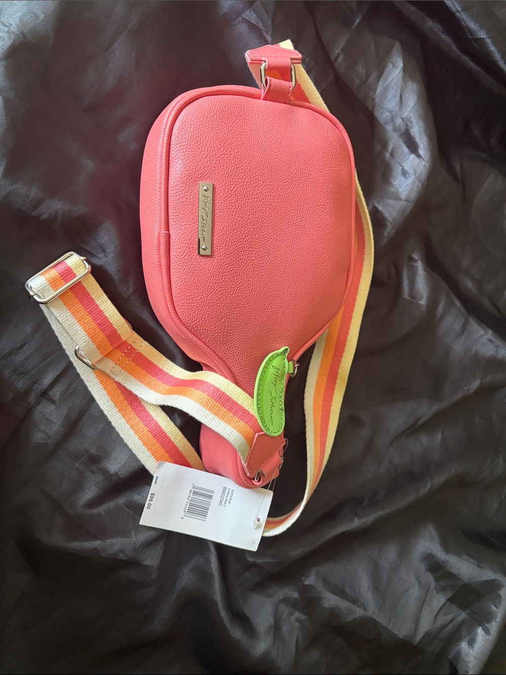 Betsey Johnson Pink & Green Pickleball Paddle Crossbody Bag with Striped Strap - Picture 2 of 8